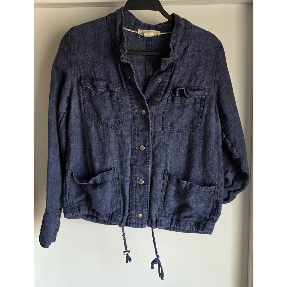 C&C California Linen Jacket Women S Blue Solid Collared Blazer Coat Long Sleeve